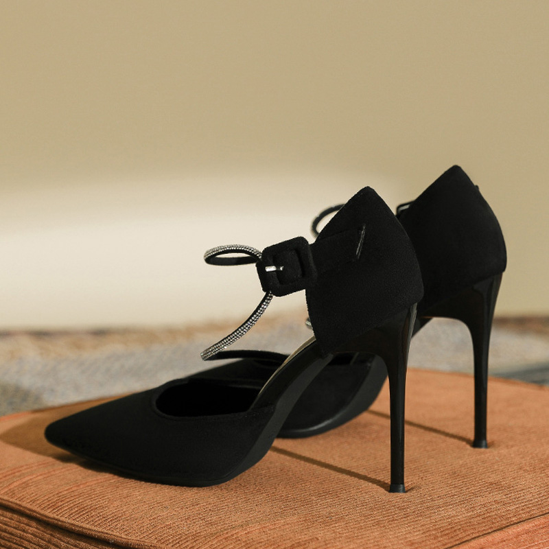 Shoeswoon Suede Two‑Row Crystal Ankle Strap Cutout Stiletto High Heels