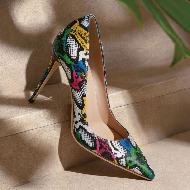 Shoeswoon Pointed Toe Colorful Snake-Print Evening Party Stiletto Heel Pumps