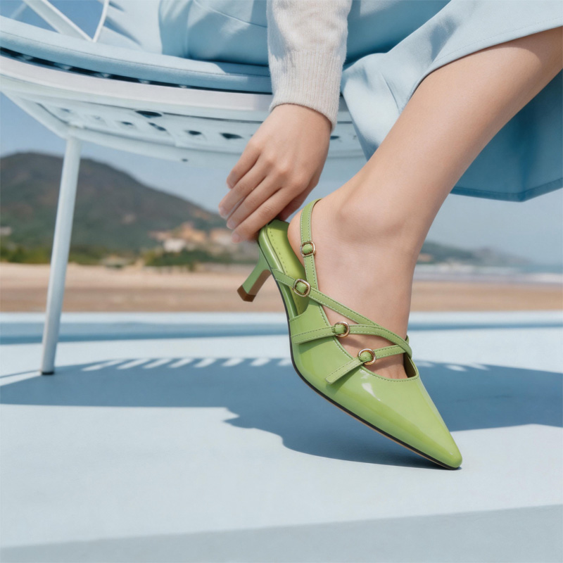 Shoeswoon Multi Buckle Thin Strap Pointed Toe Kitten Slingback Heels