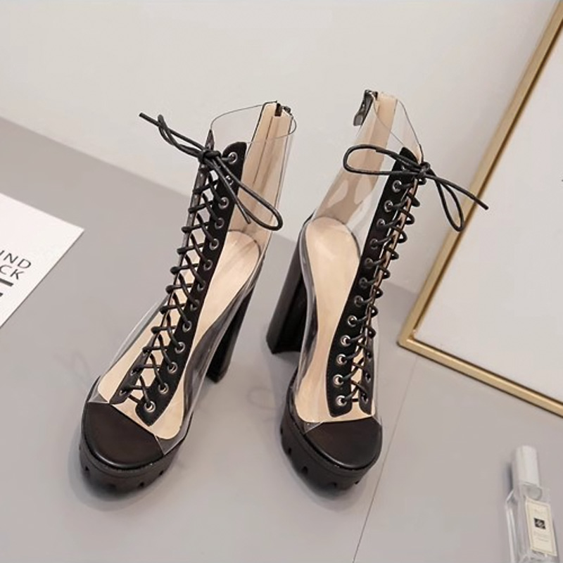 Shoeswoon Clear Peep Toe Lace-Up Platform Chunky Heel Sandals