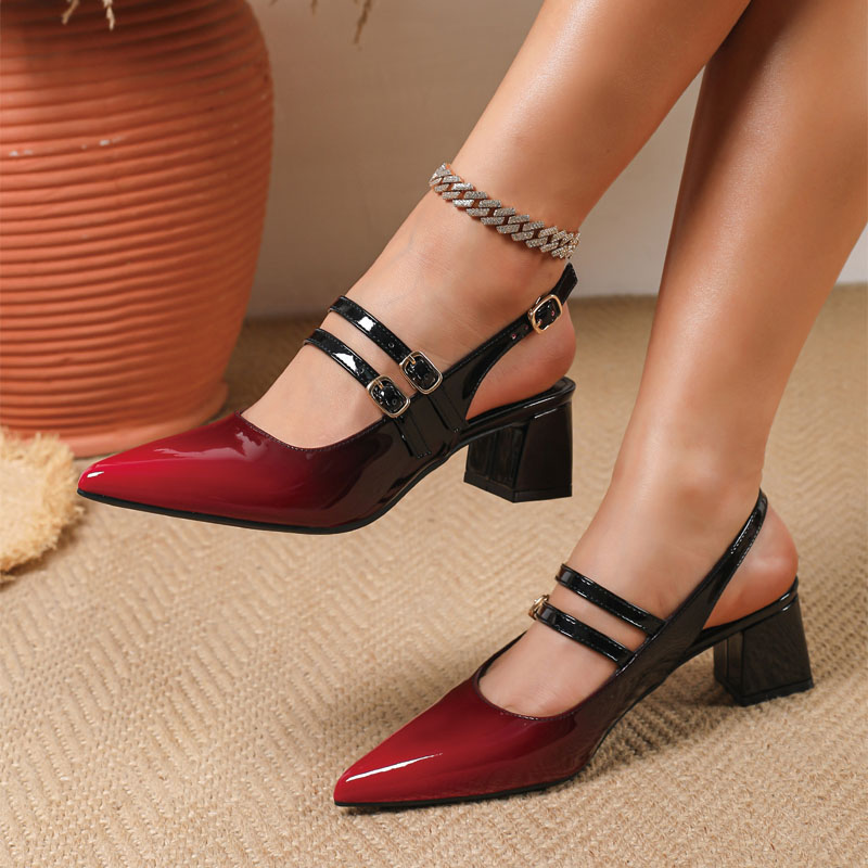 Shoeswoon Patent Slingback Mary Janes Dual Adjustable Buckle Straps Mid Block Heel Shoes