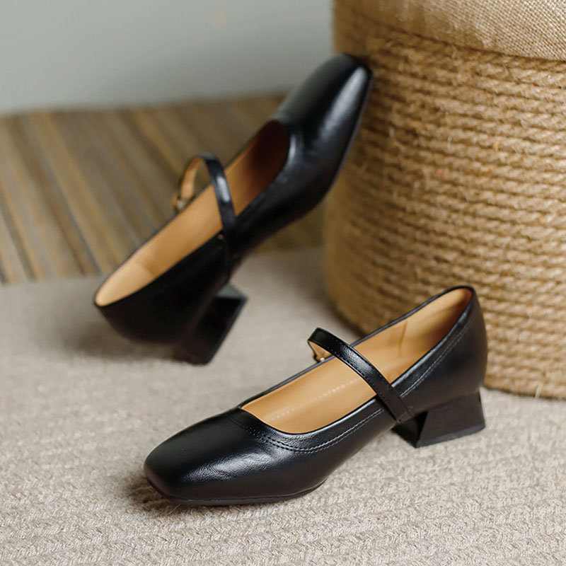 Shoeswoon Soft Leather Mary Janes Adjustable Buckle Instep‑Strap Low Heel Daily Shoes