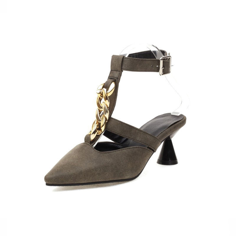 Shoeswoon Metal Chain Pointed Toe T‑Strap Ankle Strap Heels