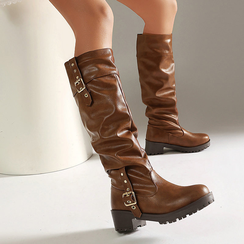 Shoeswoon Slouchy Multi‑Buckle Platform Block Heel Knee‑High Boots