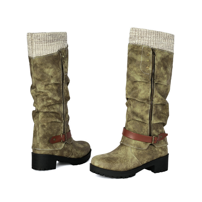 Shoeswoon Knit Cuff Buckle‑Decor Side‑Zip Platform Block Heel Knee‑High Boots