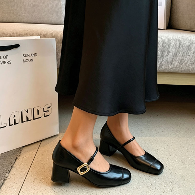 Shoeswoon Metal Buckle Square Toe Block Heel Mary Jane Pumps