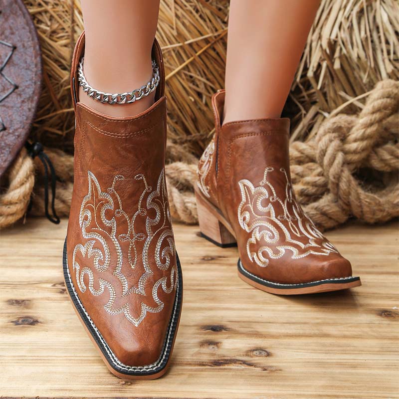 Shoeswoon Embroidery Western Ankle Booties Cut‑Out Stacked Block Heel