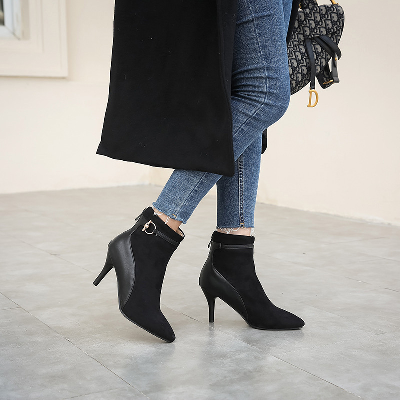 Shoeswoon Mixed‑Texture Pointed Toe Ankle Booties Metal Buckle Stiletto Heels