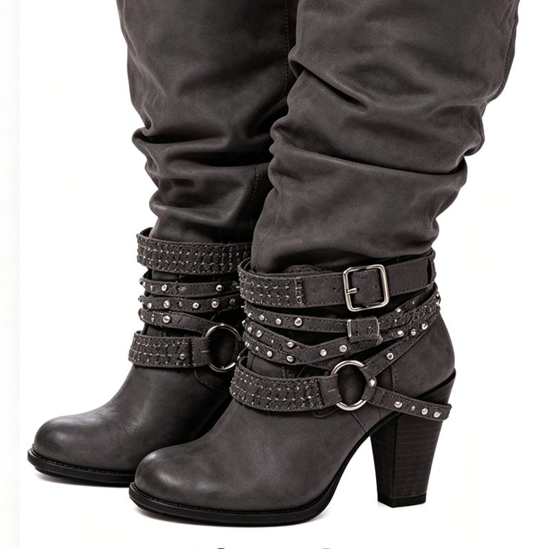 Shoeswoon Rhinestone Multi‑Buckle Slouch Boots Ruched Shaft Side Zip Block Heel