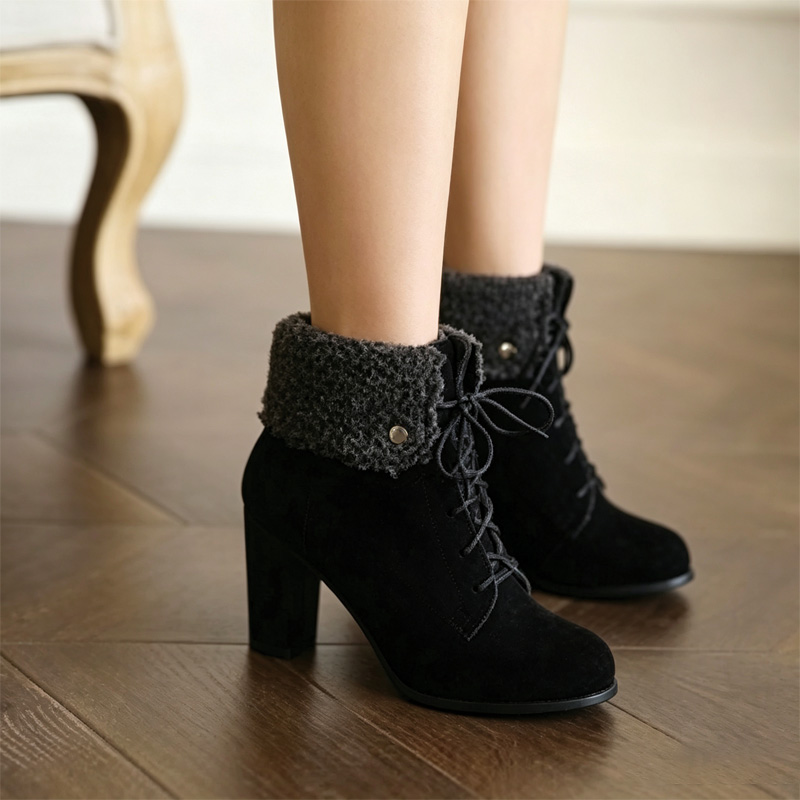 Shoeswoon Fleece‑Cuff Lace‑Up Ankle Booties Faux‑Fur Trim Block Heel
