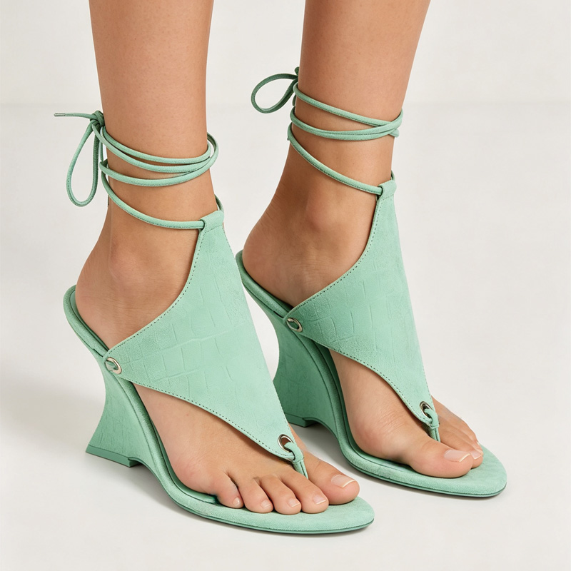 Shoeswoon Toe Ring Ankle Wrap Lace Up Sculptural Wedge Heel Thong Sandals