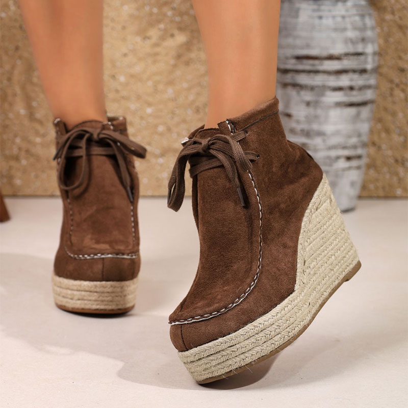 Shoeswoon Bohemian Stitch Detail Platform Wedge Ankle Boots