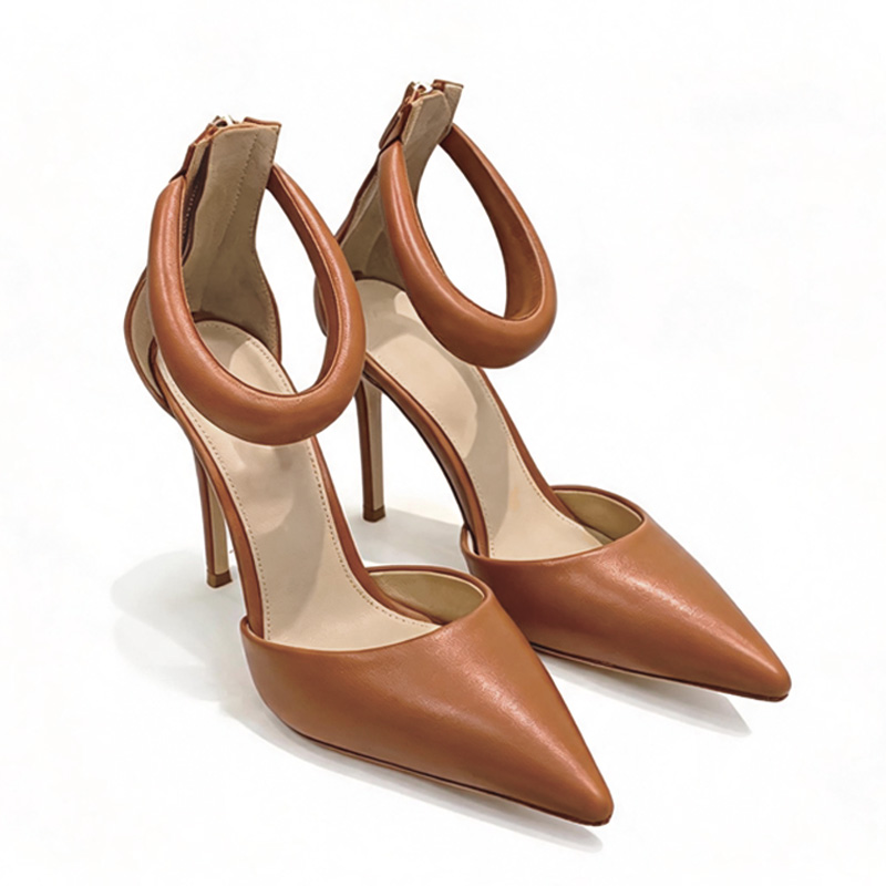 Shoeswoon Pointed Toe Hollow Out Big Ring Ankle Loop Back Zip Stiletto High Heel Mules