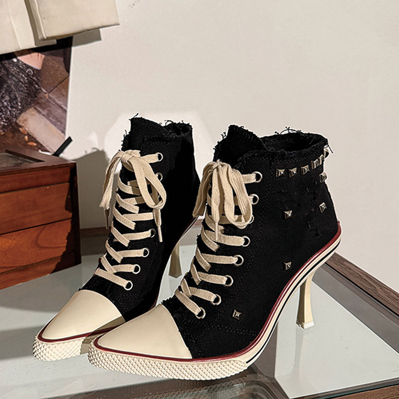 Shoeswoon Camo Canvas High‑Top Stiletto Heel Sneaker Boots Studded Fringe Trim
