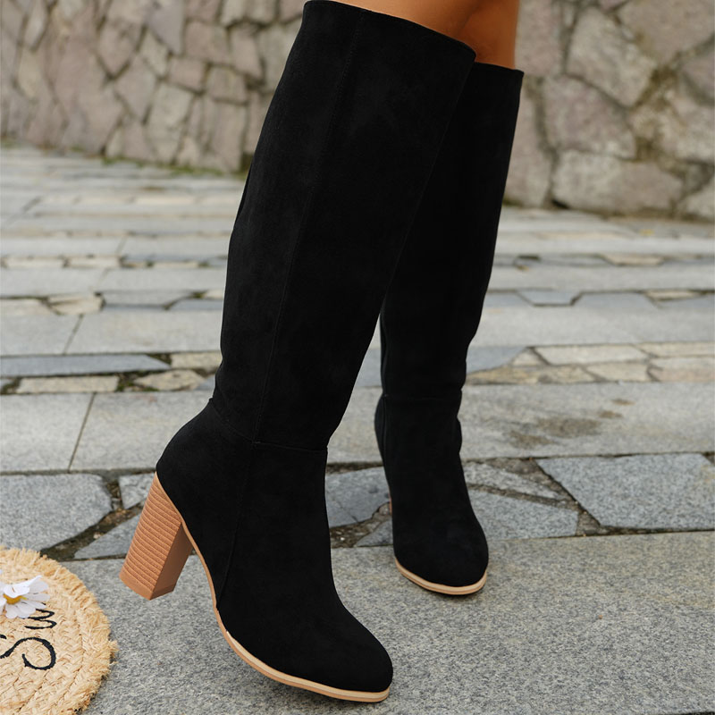 Shoeswoon Elegant Side Zipper Round Toe Chunky Wood Heel Knee High Boots