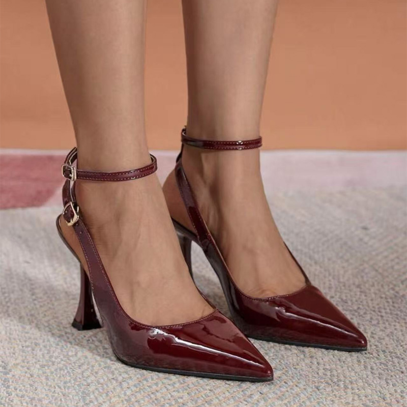Shoeswoon Glossy Patent Double Ankle Strap Pointed Toe Sculptural Heels