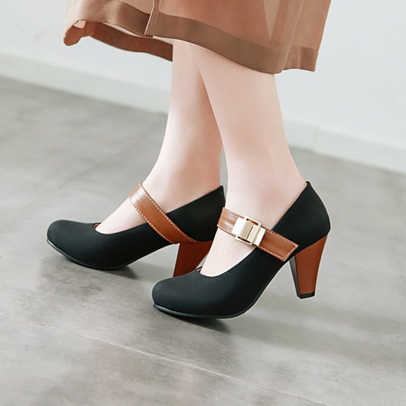 Shoeswoon Vintage Mary Jane Metal Buckle Round Toe High Heels