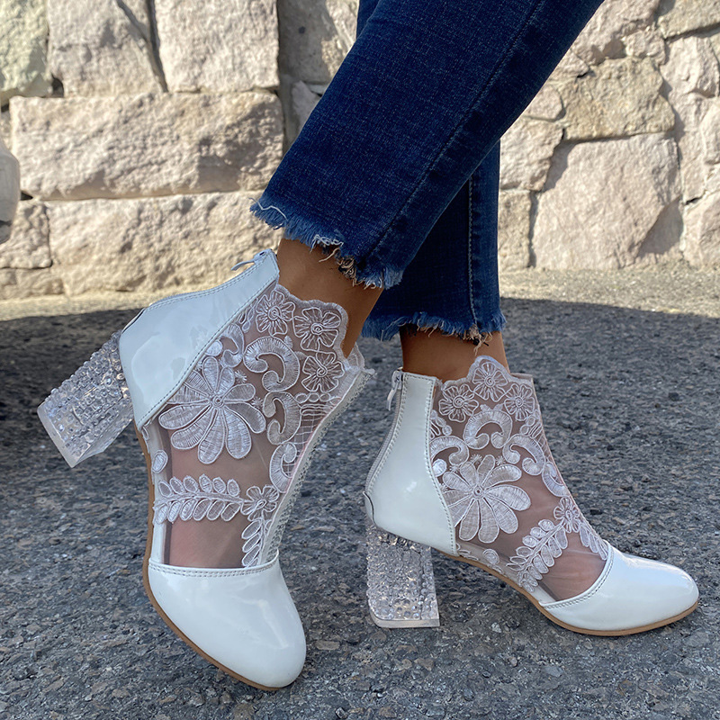 Shoeswoon Floral Lace Mesh Panel Rhinestone Chunky Block Heel Ankle Boots