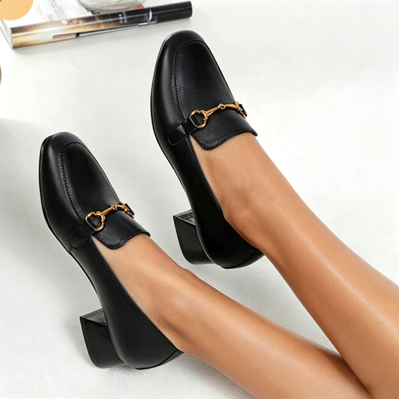 Shoeswoon Soft Square Toe Chain Ornament Office Ladies Mid‑Heel Loafers
