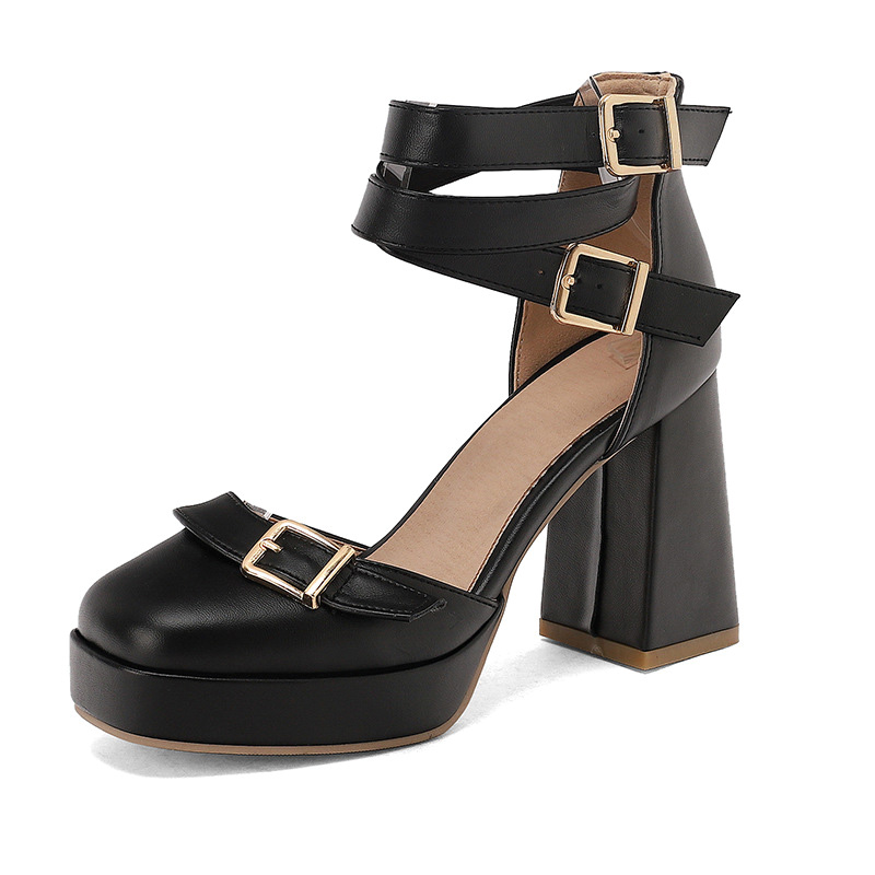 Shoeswoon Square‑Toe Gold‑Buckle Cutout High Block‑Heel Women's Mary Jane Pumps