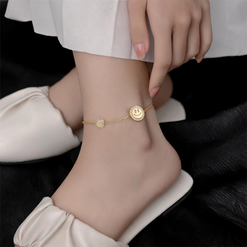 Shoeswoon Pave Crystal Smiley Face Heart Adjustable Anklet