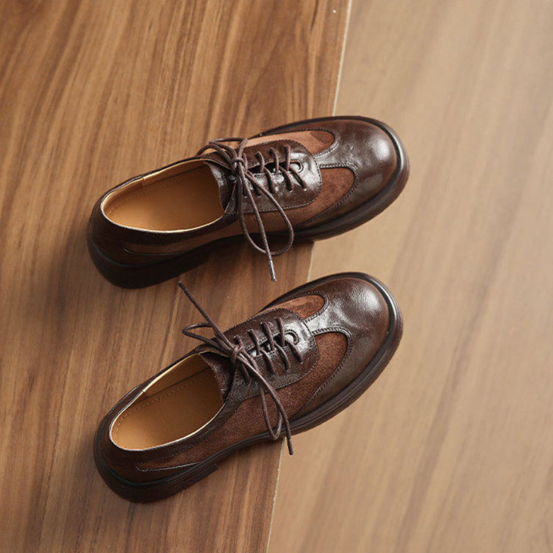 Shoeswoon Vintage Mixed‑Material Brogue Round Toe Lace‑Up Chunky Sole Women Retro Oxfords