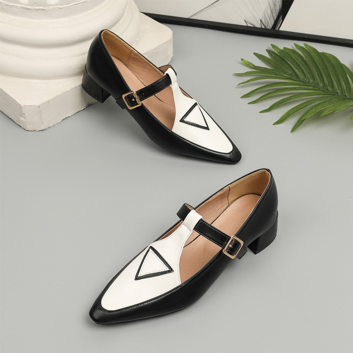 Shoeswoon Retro Contrast T‑Strap Buckle Mid Block Heel Mary Jane Shoes