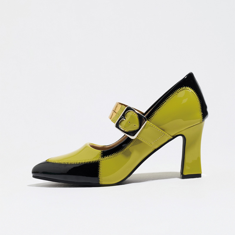 Shoeswoon Color Block Patent Heart Buckle Mary Jane Block Heel Pumps