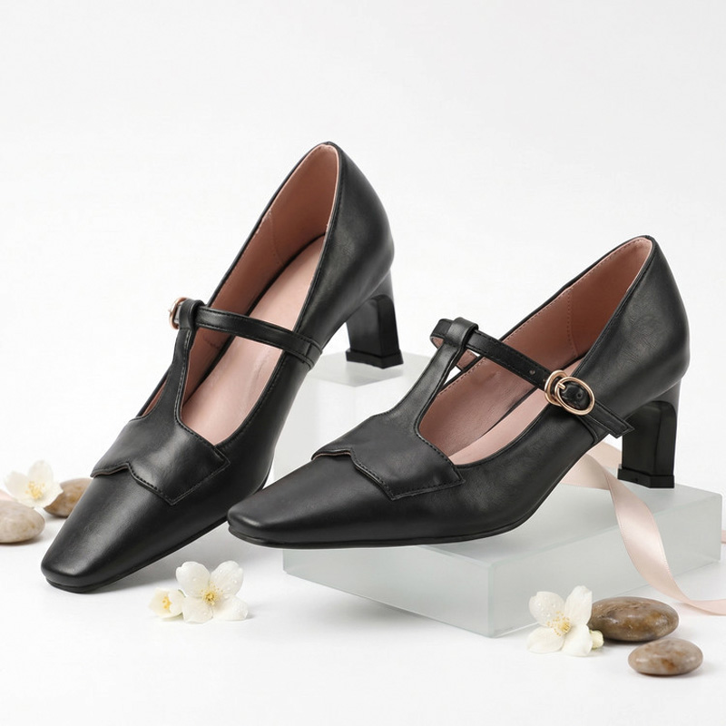 Shoeswoon Vintage T‑Strap Square Toe Block Heel Mary Jane Pumps