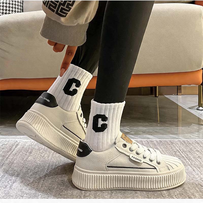 Shoeswoon Retro Shell Head Thick‑Ridged Sole Faux‑Leather Lace‑Up Chunky Fashion Sneakers