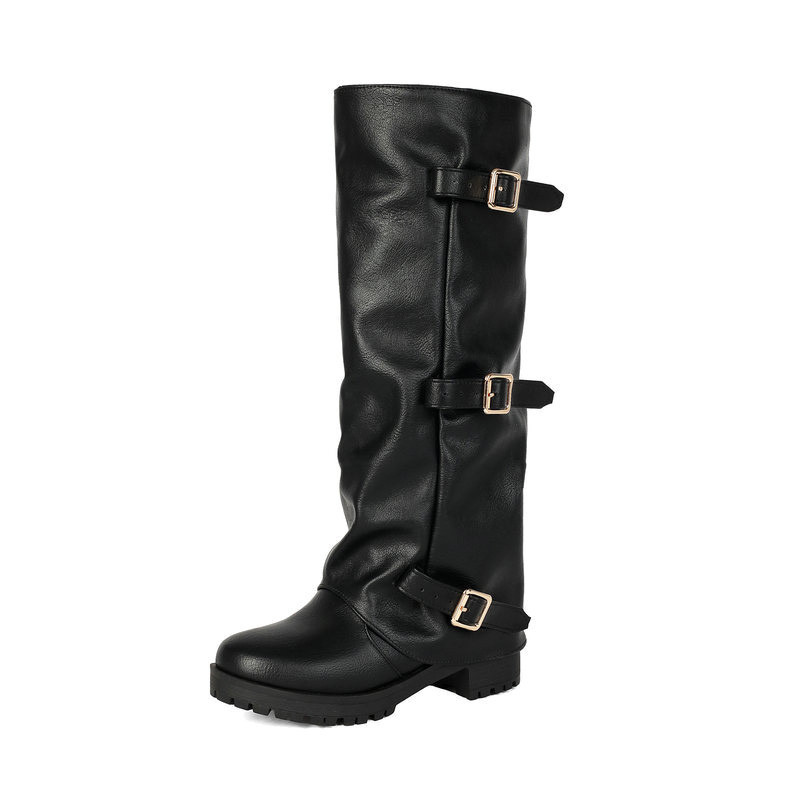 Shoeswoon Vintage Ruched Shaft Metal Buckle Platform Knee‑High Boots