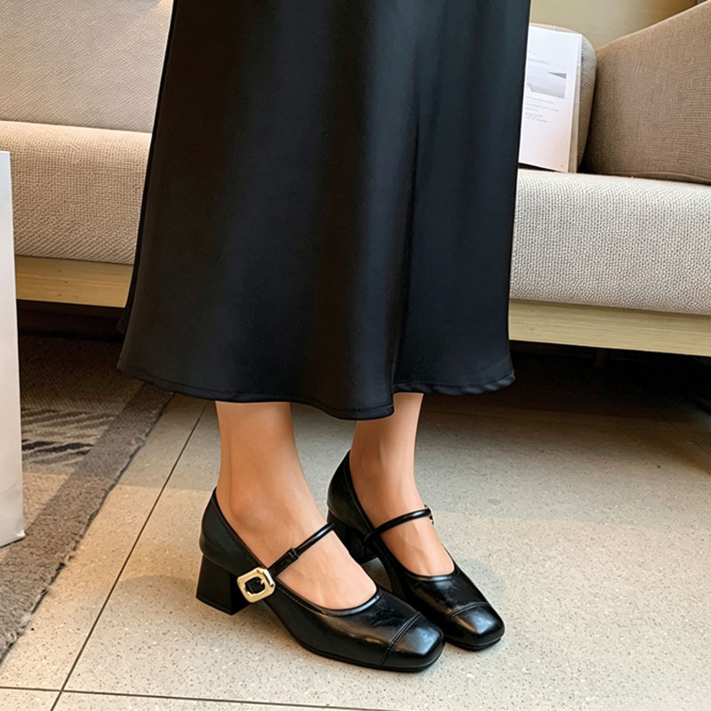 Shoeswoon Metal Buckle Square Toe Block Heel Mary Jane Pumps