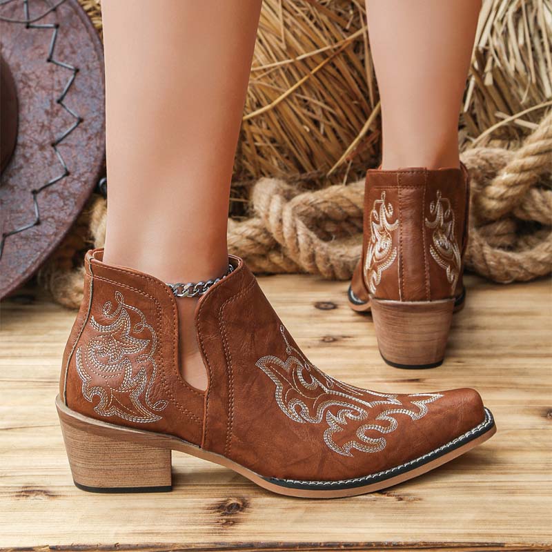 Shoeswoon Embroidery Western Ankle Booties Cut‑Out Stacked Block Heel