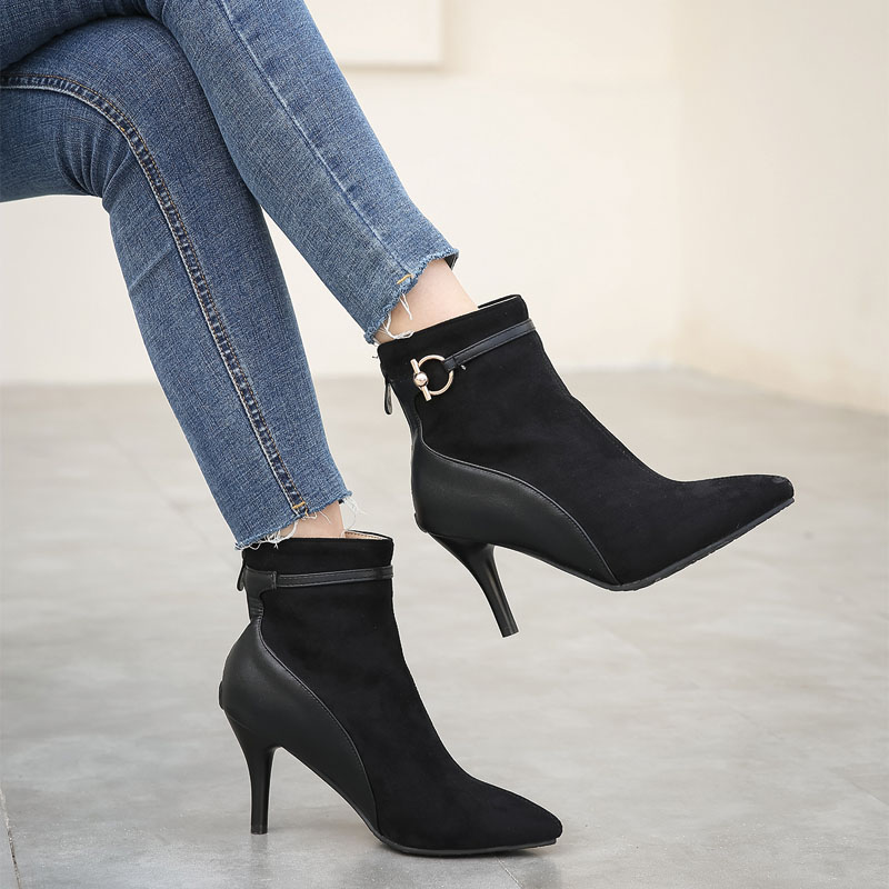 Shoeswoon Mixed‑Texture Pointed Toe Ankle Booties Metal Buckle Stiletto Heels