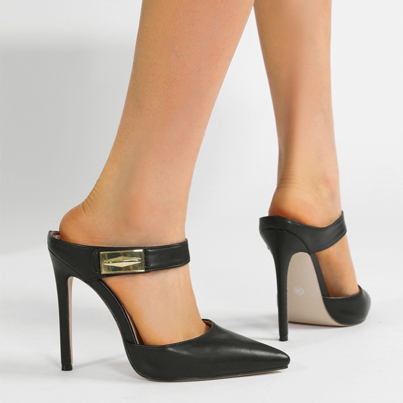 Shoeswoon Pointed Toe Cutout Strap Mules with Metal Buckle Stiletto Heel Mules