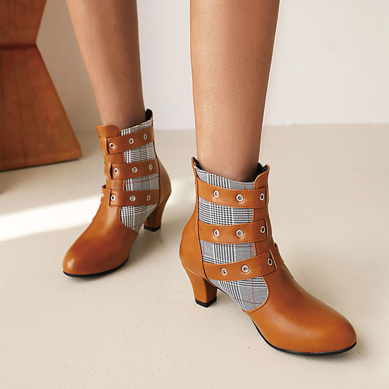 Shoeswoon Multi‑Buckle Plaid Panel Ankle Booties Block Heel Back Zipper