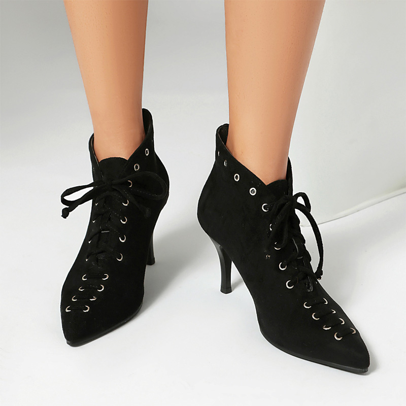 Shoeswoon Pointed Toe Lace‑Up Ankle Booties Eyelet Decor Stiletto Heel