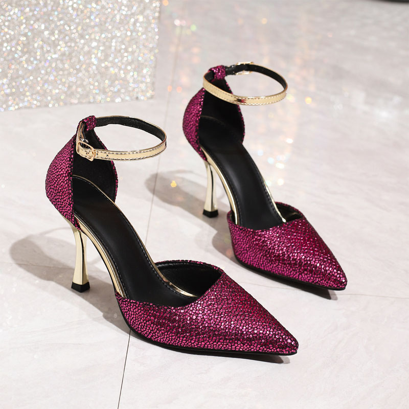Shoeswoon Shimmer Metallic Texture Adjustable Ankle Wrap Heels