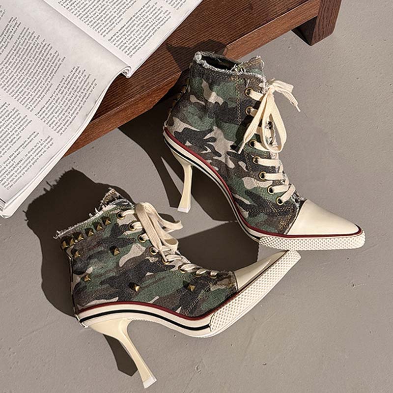Shoeswoon Camo Canvas High‑Top Stiletto Heel Sneaker Boots Studded Fringe Trim