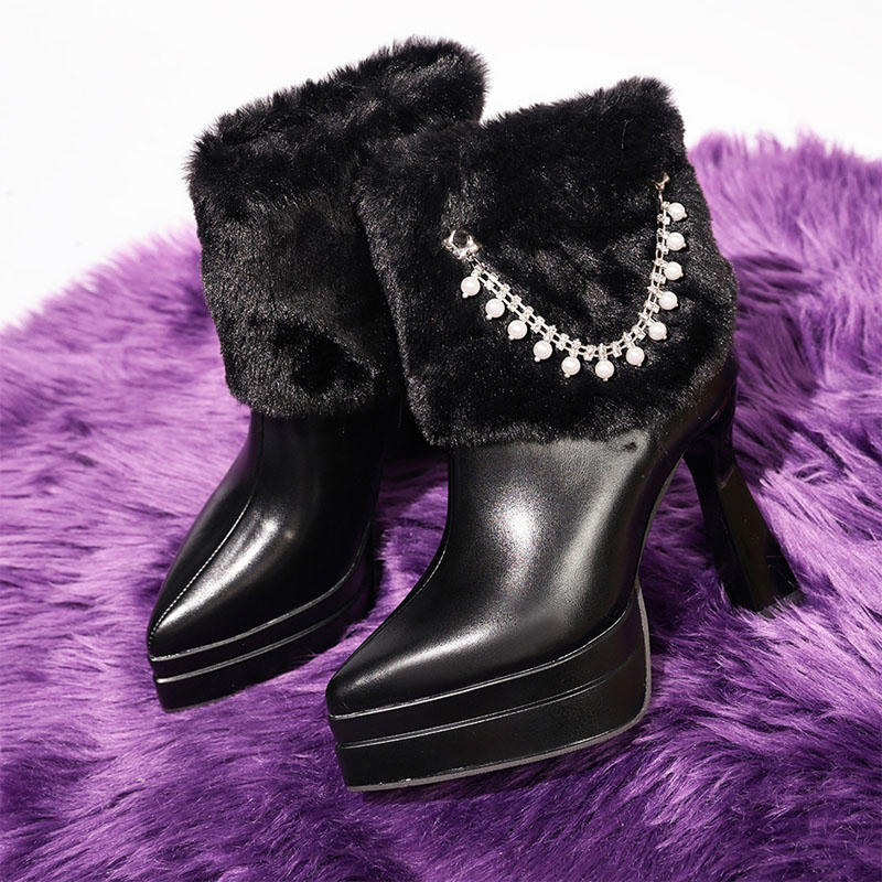 Shoeswoon Pointed Toe Furry Collar Pearl Chain Side Zipper Platform Boots