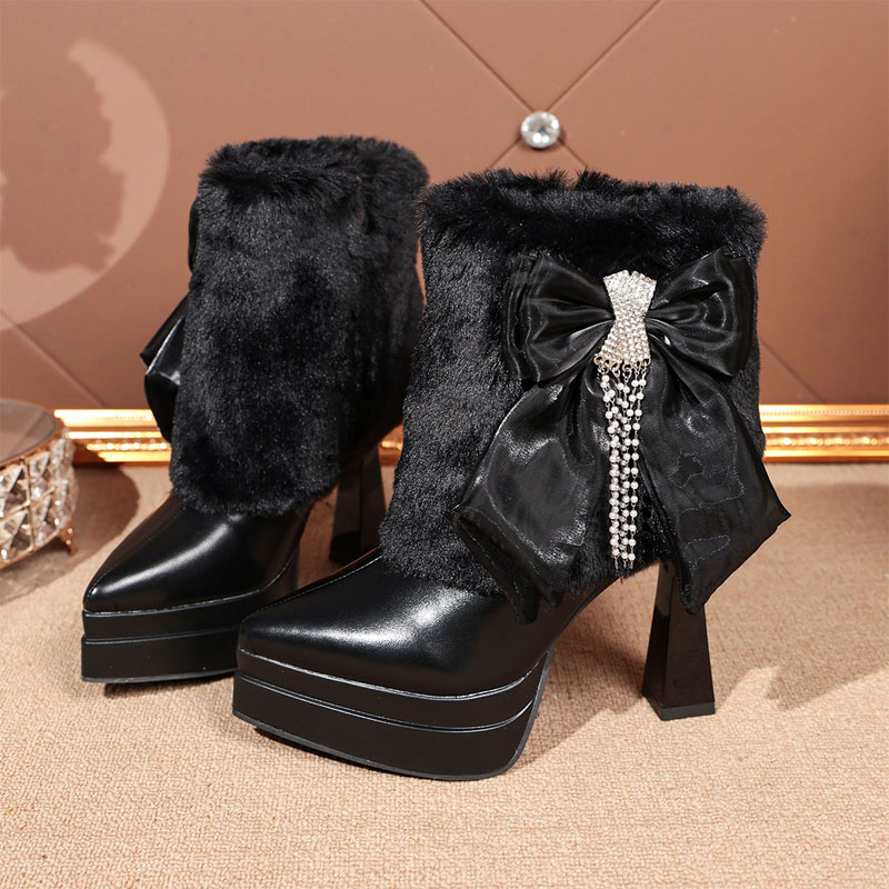 Shoeswoon Winter Fluffy Fur Trim Large Bow Crystal Tassel Double Platform Ankle Boots