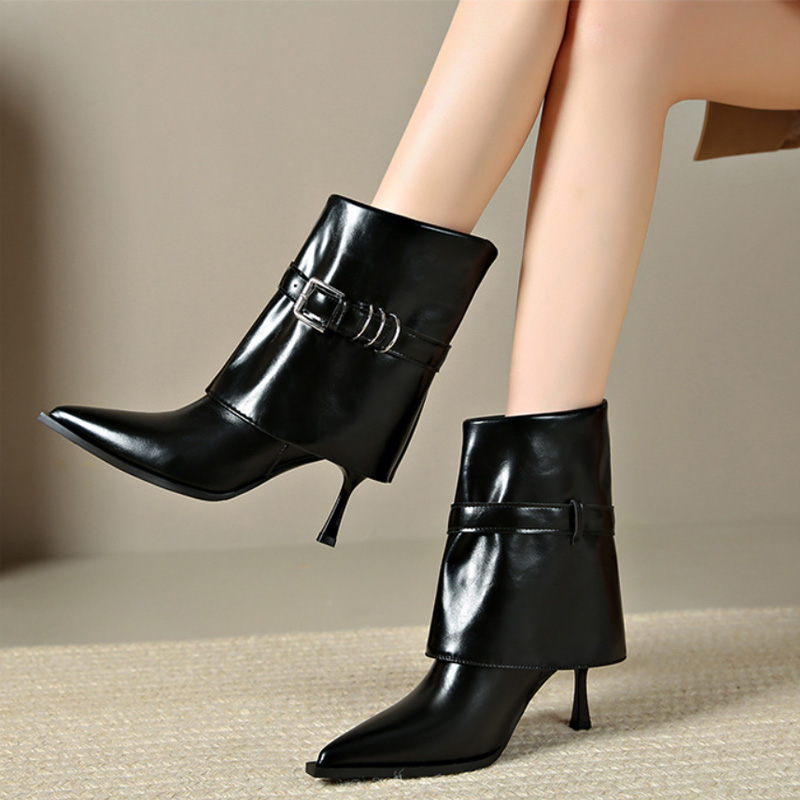 Shoeswoon Fold Over Buckle Strap Pointed Toe Stiletto Ankle Boots