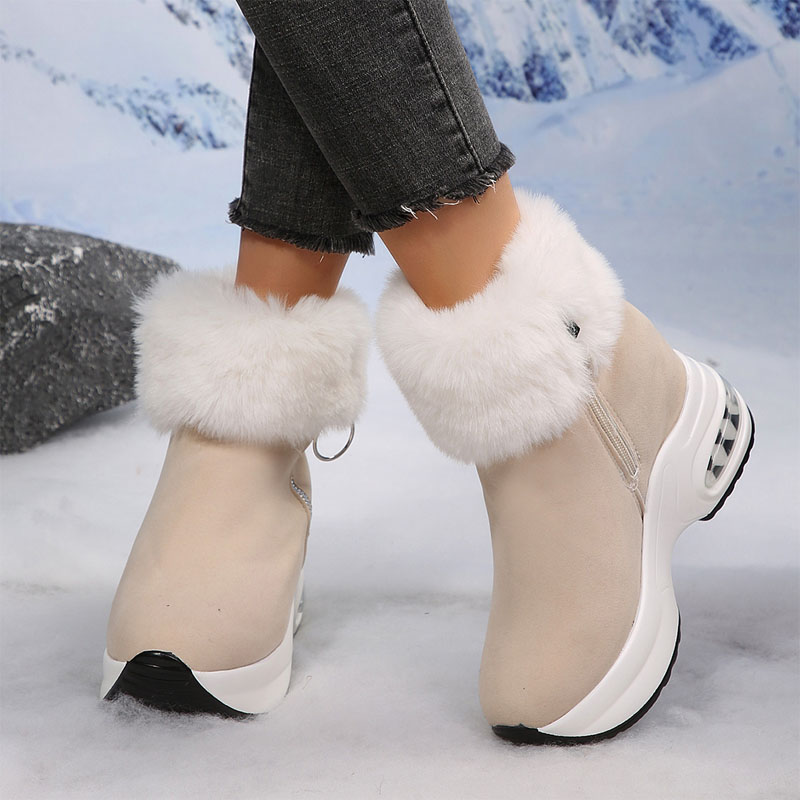 Shoeswoon Faux Fur Trim Side Zip Wedge Chunky Sole Boots