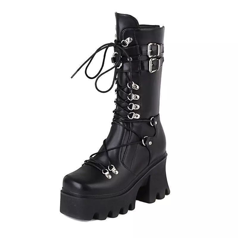 Shoeswoon Gothic Multi Buckle Lace Up Platform Mid Calf Boots