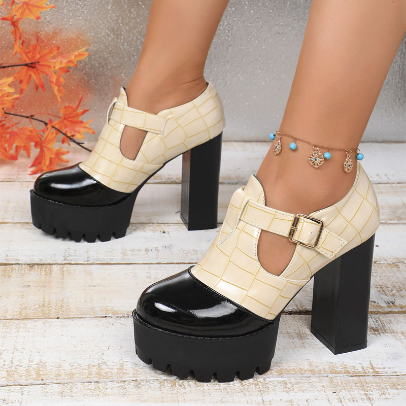 Shoeswoon Cap Toe Croc Print Side Cutout Chunky Platform Heels