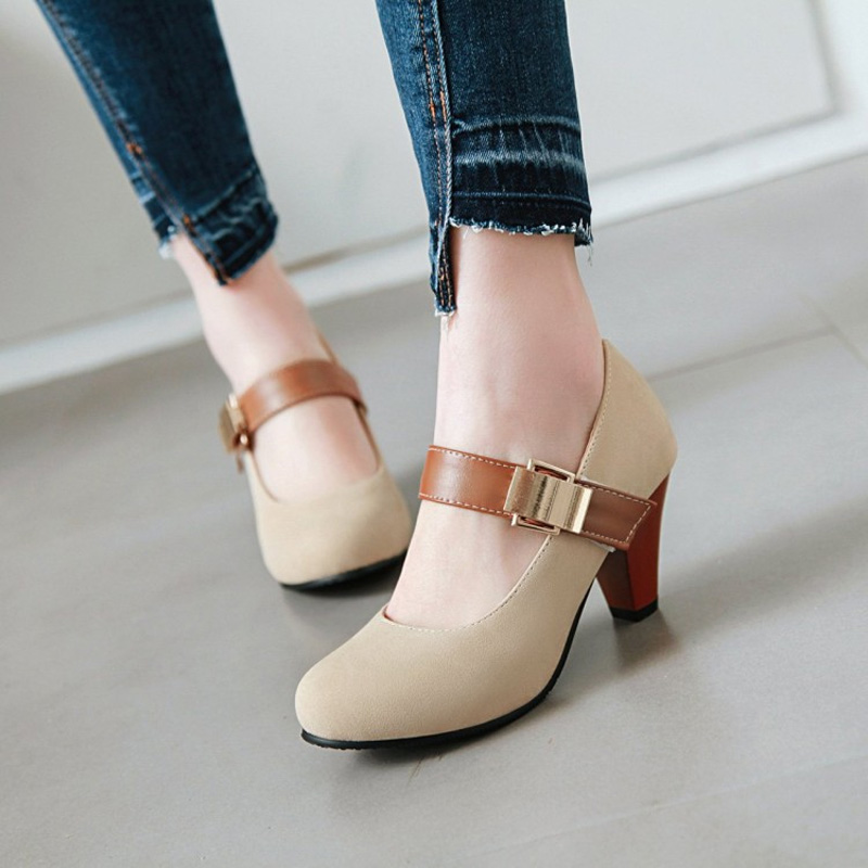 Shoeswoon Vintage Mary Jane Metal Buckle Round Toe High Heels