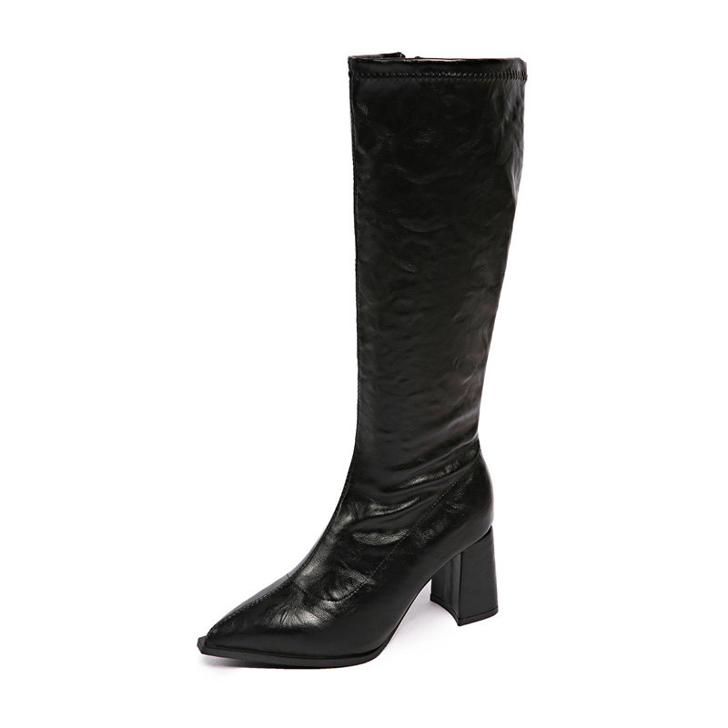 Shoeswoon Casual Side Zip Pointed Toe Chunky Block Heel Knee High Boots