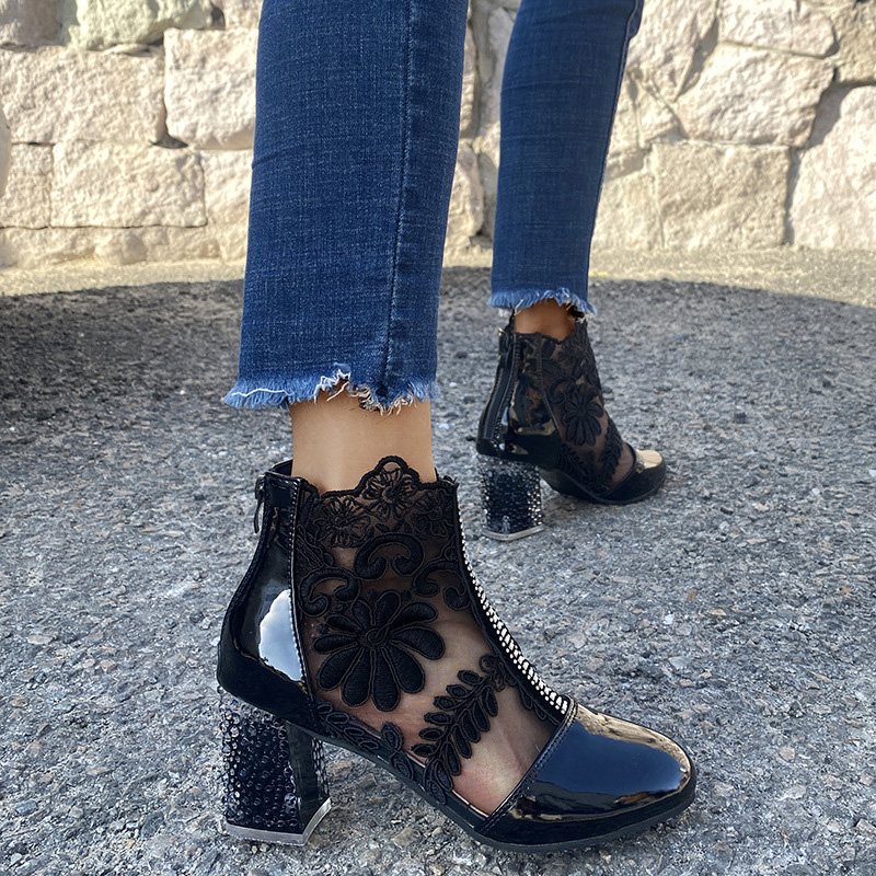 Shoeswoon Floral Lace Mesh Panel Rhinestone Chunky Block Heel Ankle Boots