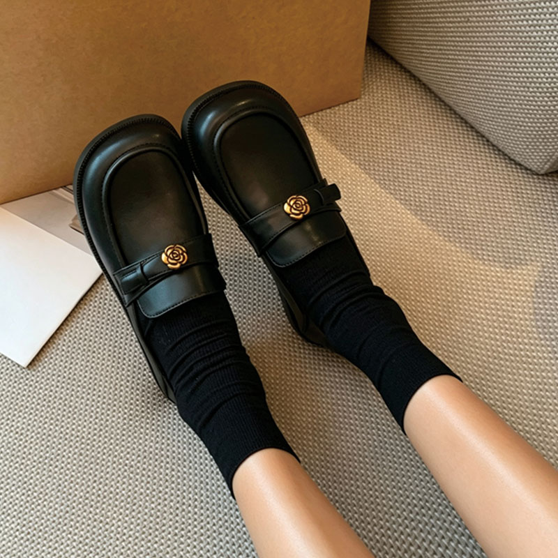 Shoeswoon Black Square Toe Gold Rose Metal Decor Slip‑on Loafers