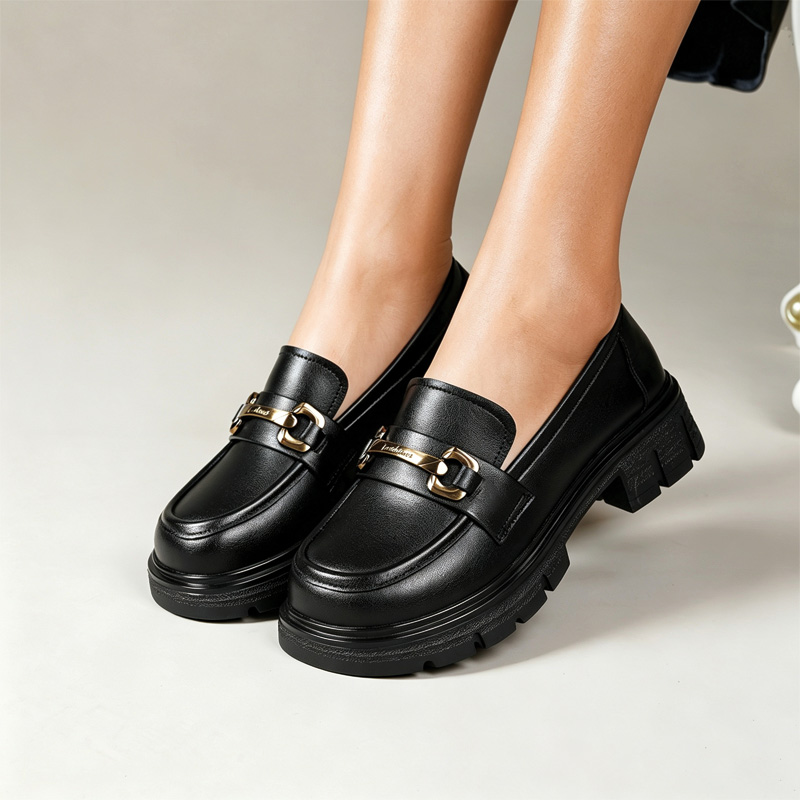 Shoeswoon Classic Round Toe Metal Decor Thick Sole Ladies Loafers